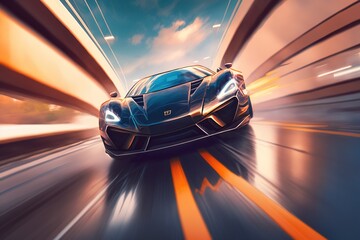 Fototapeta na wymiar Sports car riding on highway road. Car in fast motion. Fast-moving car. Fast-moving supercar on the street.