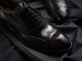 A closeup of a polished leather oxford with a textured black sock representing timeless business fashion.. AI generation.
