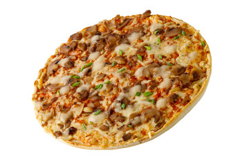 Vegetarian fresh baked crusty pizza with champignons, tomatoes, green herbs and mozzarella isolated