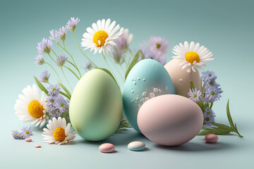Colorful Easter eggs with spring flowers on pastel background. Greeting card, banner design. Generated AI