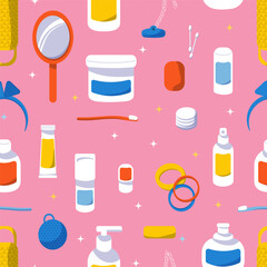 Seamless pattern with bath accessories and care products. Toiletry collection. Personal hygiene items. Pink, yellow and orange palette. Vector illustration
