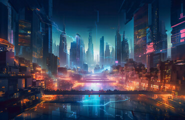 Fototapeta na wymiar Illustration of a illuminated futuristic city in the night. Created with Generative AI technology.