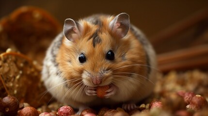 A plump hamster stuffing its cheeks with seeds and nuts Generative AI - obrazy, fototapety, plakaty