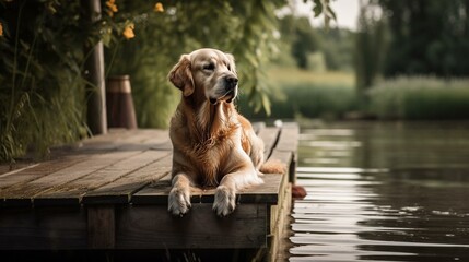 A retriever sitting patiently on a wooden dock, waiting for its owner to return from a fishing trip. Generative AI