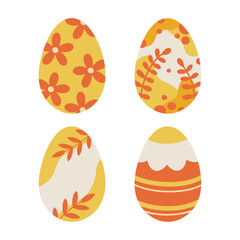 Set with Easter eggs. Vector set with orange painted Easter eggs. Easter eggs decorated with leaves and flowers.
