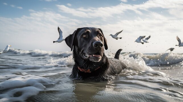 A black Lab happily swimming in the ocean, with waves crashing around it and seagulls flying overhead. Generative AI