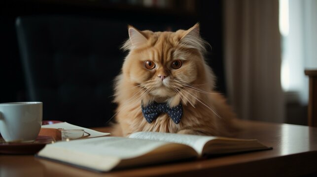 A fluffy orange cat wearing a bowtie, sitting at a table with a cup of tea and a book. Generative AI