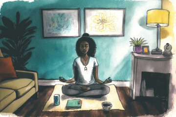 Empowered and energized a black woman takes charge of her health by practicing yoga in her living room.. AI generation.