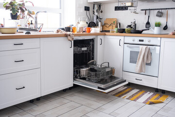 A mess in the kitchen, dirty dishes on the table, scattered things, unsanitary conditions. The...
