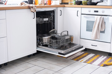 A mess in the kitchen, dirty dishes on the table, scattered things, unsanitary conditions. The...
