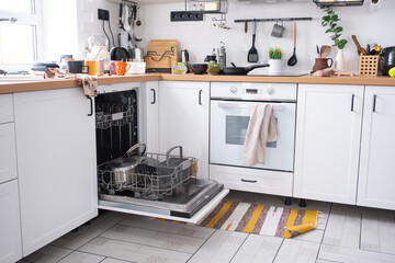 A mess in the kitchen, dirty dishes on the table, scattered things, unsanitary conditions. The...