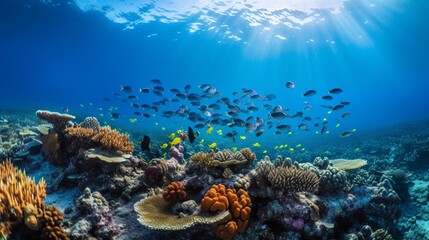 Fototapeta na wymiar A school of colorful fish swimming around a coral reef Generative AI