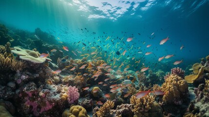 Obraz na płótnie Canvas A school of colorful fish swimming around a coral reef Generative AI