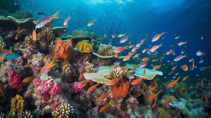 A school of colorful fish swimming around a coral reef Generative AI