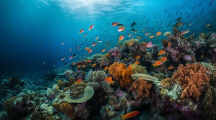 Naklejka na ściany i meble A school of colorful fish swimming around a coral reef Generative AI