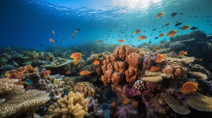 Naklejka na ściany i meble A school of colorful fish swimming around a coral reef Generative AI