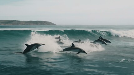Fototapeta premium A group of playful dolphins jumping and playing in the waves Generative AI