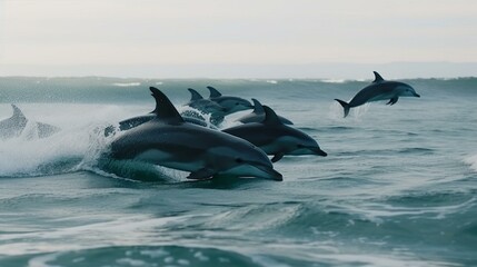 Fototapeta premium A group of playful dolphins jumping and playing in the waves Generative AI