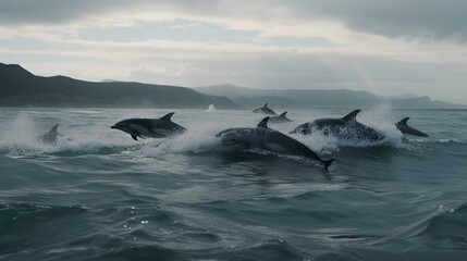 Obraz premium A group of playful dolphins jumping and playing in the waves Generative AI