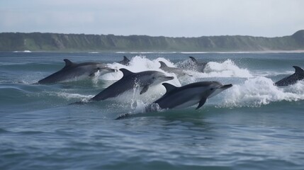 Fototapeta premium A group of playful dolphins jumping and playing in the waves Generative AI