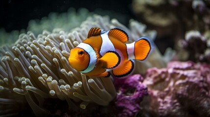 Fototapeta na wymiar A pair of clownfish swimming in and out of an anemone Generative AI