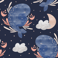seamless pattern whale mother and baby, moon with clouds pattern for textiles