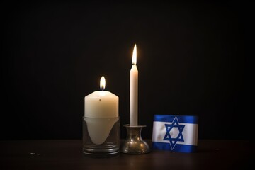 Fototapeta na wymiar International Holocaust Remembrance Day, January 27 or Israel Memorial day. World War II Remembrance Day. Jewish Star of David, candle and flag of Israel.