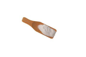 Succinic acid powder in wooden scoop on white background.