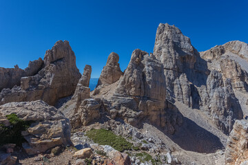 Fototapeta premium Awesome summer dolomite rocky scenario with giant pinnacles in the Latemar Massif, UNESCO world heritage site. The main pinnacle is named Torre di Pisa. Trentino-Alto Adige, Italy, Europe