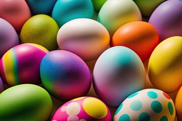 Fototapeta premium Colorful handmade easter eggs and gold matels effects design festival.generative ai.