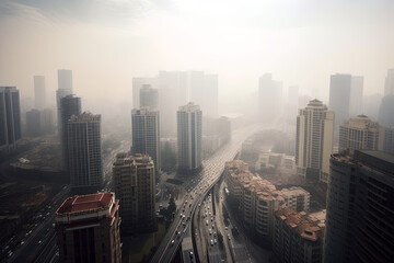 Obraz premium Generative AI Illustration of a city with a cloud of pollution and pollution over it representing the problem of pollution and global warming on the human being