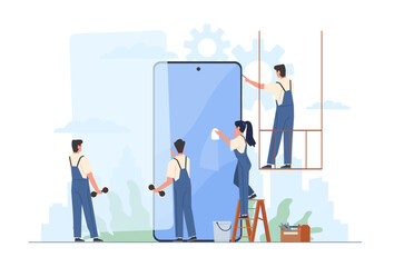 Phone repair shop, tiny people in overalls repair electronics and huge gadgets. Repairman teamwork. Software and application gadget support. Cartoon flat illustration. Vector concept