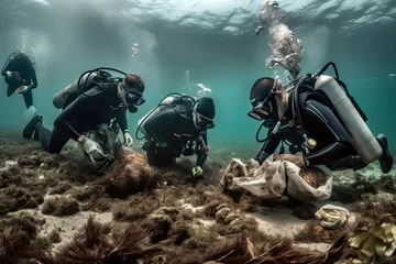 Fotobehang Generative AI Illustration of a group of divers collecting trash and plastics from the seabed © Supermelon