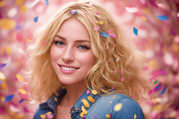 Fototapeta premium a beautiful girl smiles and looks directly into the camera, colorful confetti fall around her face, Generative AI
