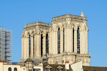 The towers of Notre-Dame de Paris Cathedral , Europe, France, Ile de France, Paris, in summer on a...