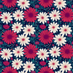 Fototapeta na wymiar Color Seamless pattern with beautiful pink and white flowers. Cute floral background. Summer flowers on green background
