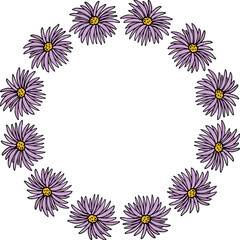 Round frame with beautiful Aster alpinus on white background. Vector image.