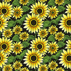 Seamless summer pattern with sunflowers on green background. Collection decorative floral design elements. Flowers, buds and leaf. Floral yellow sunflower wiht green leaves background.