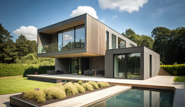 Concrete and glass. Ultra-modern minimalistic style home design. Generative AI