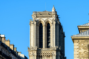 Fototapeta na wymiar The towers of Notre-Dame de Paris Cathedral , Europe, France, Ile de France, Paris, in summer on a sunny day.