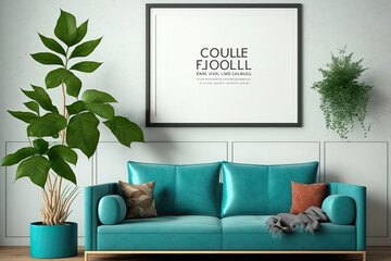 Mockup Wandbilderrahmen. Modernes Wohnzimmer mit einem türkisfarben Ledersofa und einer großen grünen Pflanze. Legen Sie Ihr eigenes Foto in den Fotorahmen, machen Sie das Bild einzigartig.