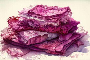 Small delicate magenta lace pieces arranged in a neatly stacked pile. Trendy color of 2023 Viva Magenta.. AI generation.