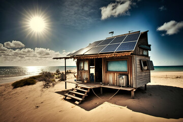 Obraz premium Small house on the beach with solar panels. Generative AI.