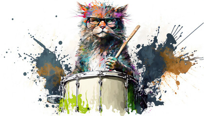 Drumming Cat in Rhythmic Groove, isolated on white background - watercolor style illustration background by Generative Ai