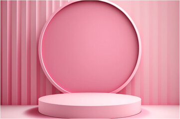 Empty Pink Round Podium with Abstract Geometric Shape Background for Display Product Illustration - Post-processed Generative AI