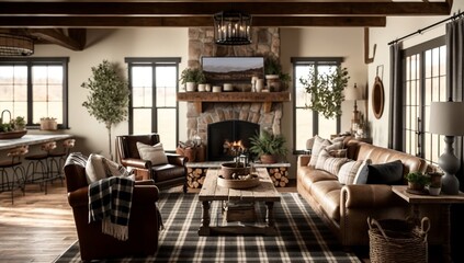 Practical, simplistic Farmhouse style interior. Wood elements and neutral colors. Warm and inviting. Generative AI.