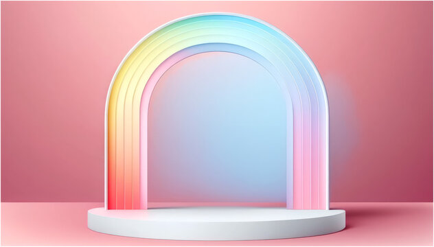 Trendy Sweet Pastel Gradient Color Arch with Podium Product Display Illustration for Putting Your Cute Object - Post-processed Generative AI