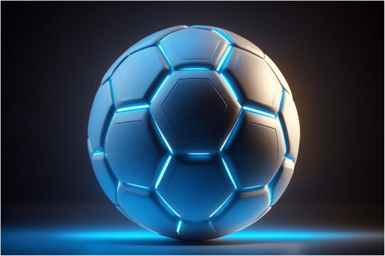 Soccer ball or football with futuristic blue glowing neon lights on a dark background with copy space in a conceptual image. illustration - Post-processed Generative AI