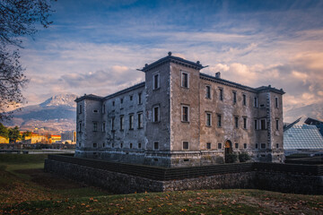 Fototapeta na wymiar Trento, Italy - January 2023: Sunset view on Palazzo delle Albere, a 16th century villa-fortress built in Trento by the bishop-princes Madruzzo