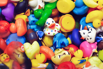 Top view of various colorful bath rubber plastic ducks. One duck facing and looking at camera. Design element. Uniqueness and leadership concept.